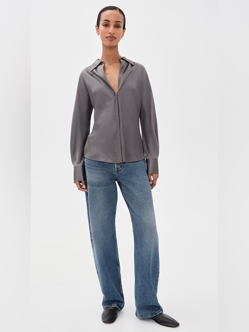 Vince Dove Gray Button-Front Silk Blouse